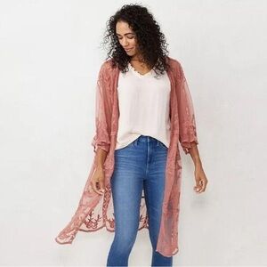 Lauren Conrad Pink Lace Kimono Duster Midi Bohemian Cottagecore Coquette OS